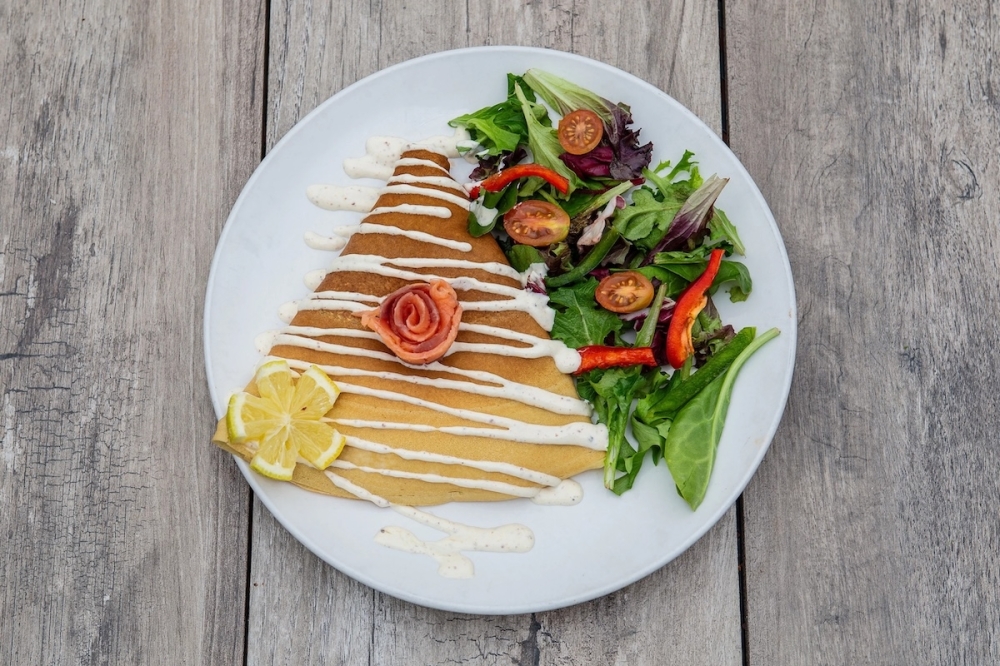 The Californian Crepe ($16.20) contains smoked salmon, sour cream, onion, avocado, capers and horseradish sauce. (Courtesy Crepeccino)