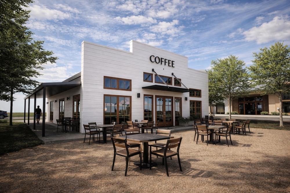 A 2,000-square-foot pad building is meant to house a coffee shop at Fitzhugh and Trautwein roads. (Rendering courtesy Land Strategies Inc.)