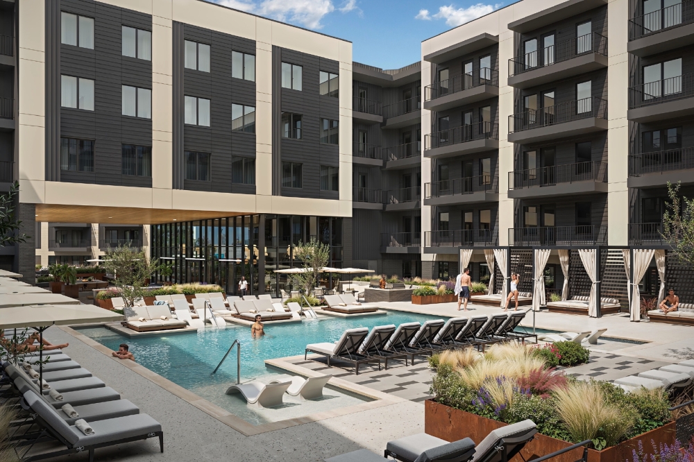 The Martin features several amenities including a courtyard and pool area. (Rendering courtesy Omniplan)