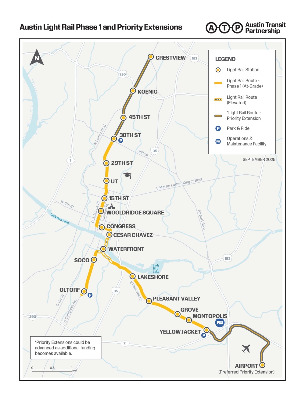 The first phase of Austin's light rail project will extend north to 38th Street, south down Congress Avenue, and east along Riverside Drive. Future extensions east to the airport and north to the Crestview neighborhood are planned. (Courtesy Austin Transit Partnership)